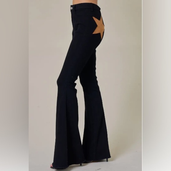 LIKE NEW Black Super Flare Jeans with Faux Suede Stars - Western Boho Style - Picture 2 of 3